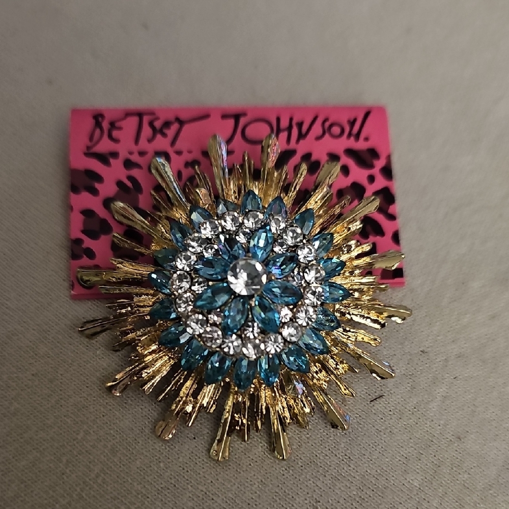 Betsey Johnson Gold and Blue Starburst Brooch NEW BEAUTIFUL